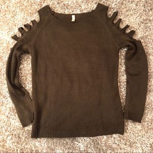 Olive distressed sleeve sweater. Boutique.
